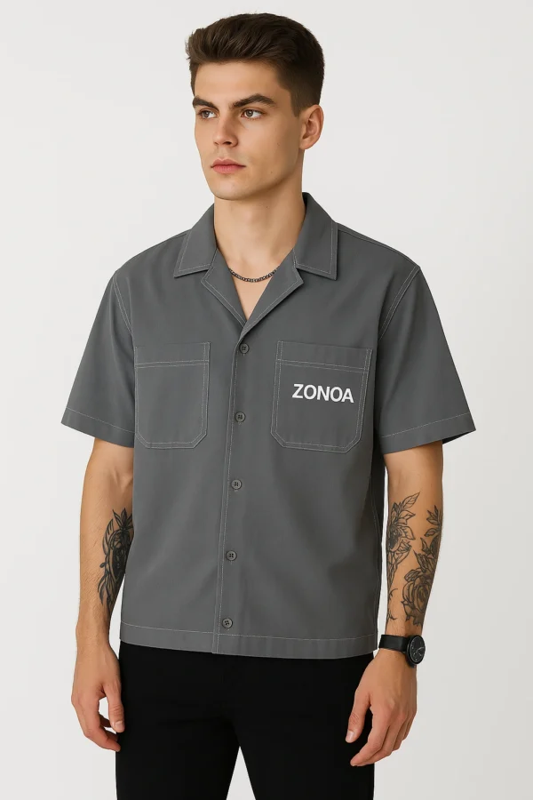 Intense Grey Double Pocket Oversized Cropped Shirt