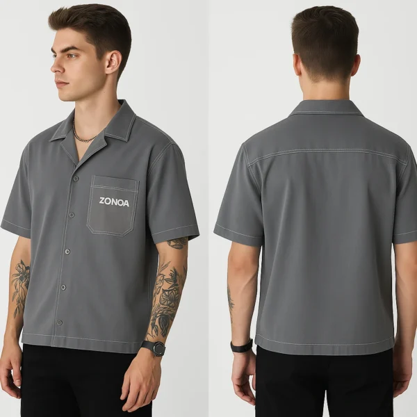 Intense Grey Double Pocket Oversized Cropped Shirt - Image 2
